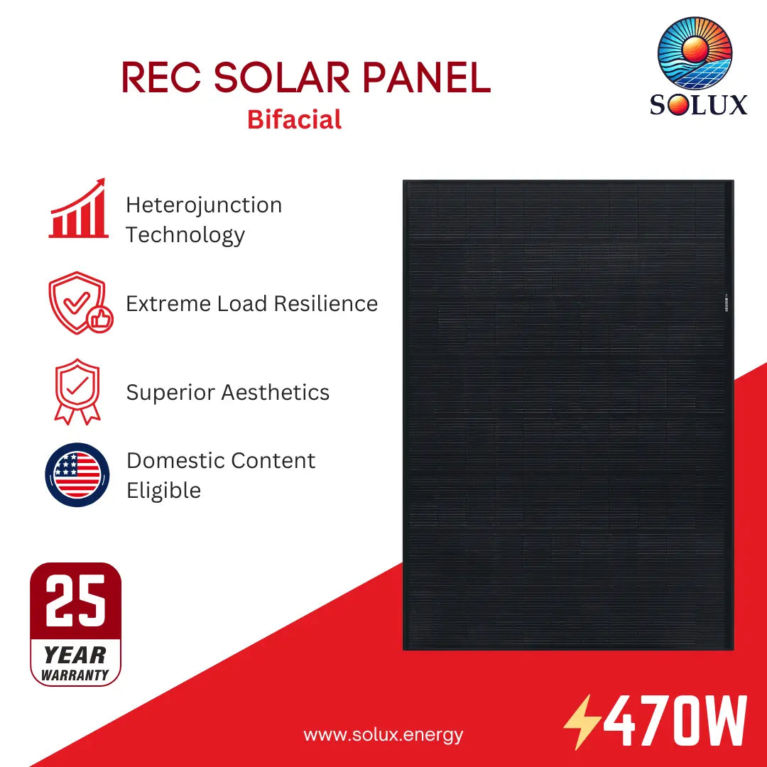 This is an image of REC Solar REC470AA PURE-RX-DC 470W HJT Solar Panel, DC