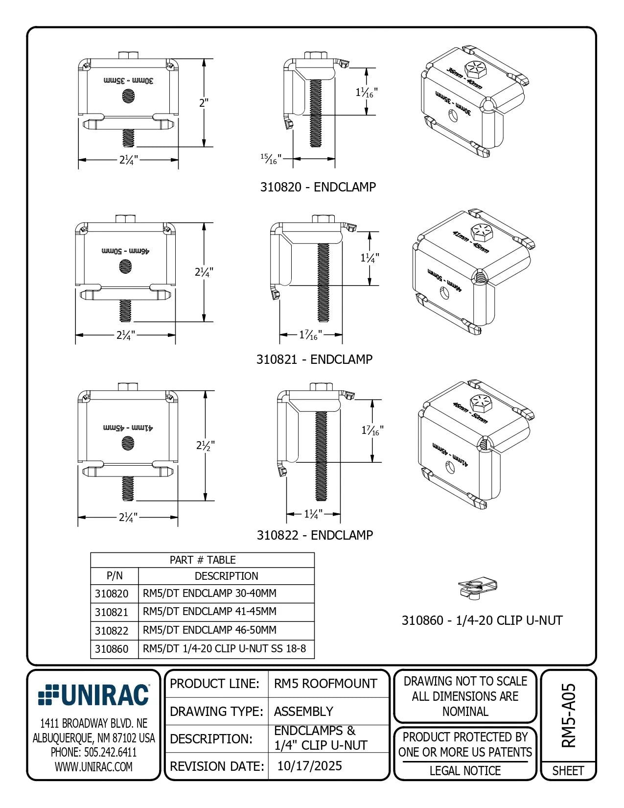 Technical drawing of endclamps and related components with UNIRAC branding.