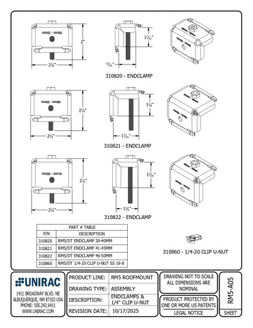 Technical drawing of endclamps and related components with UNIRAC branding.