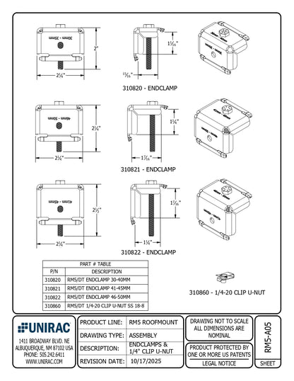 Technical drawing of endclamps and related components with UNIRAC branding.