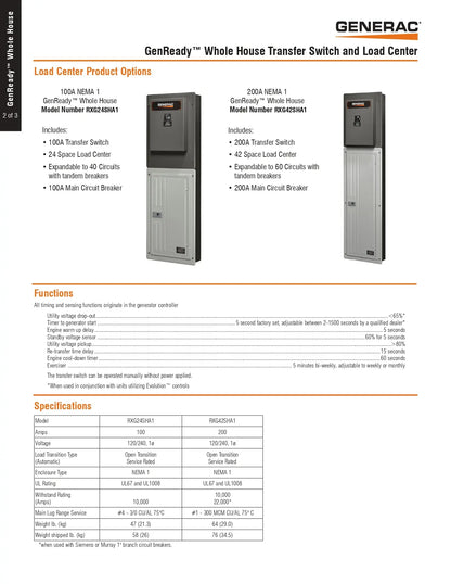 Generac RXG42SHA1 200A, 42 Circuit, NEMA 1 Automatic Transfer Switch and Load Center