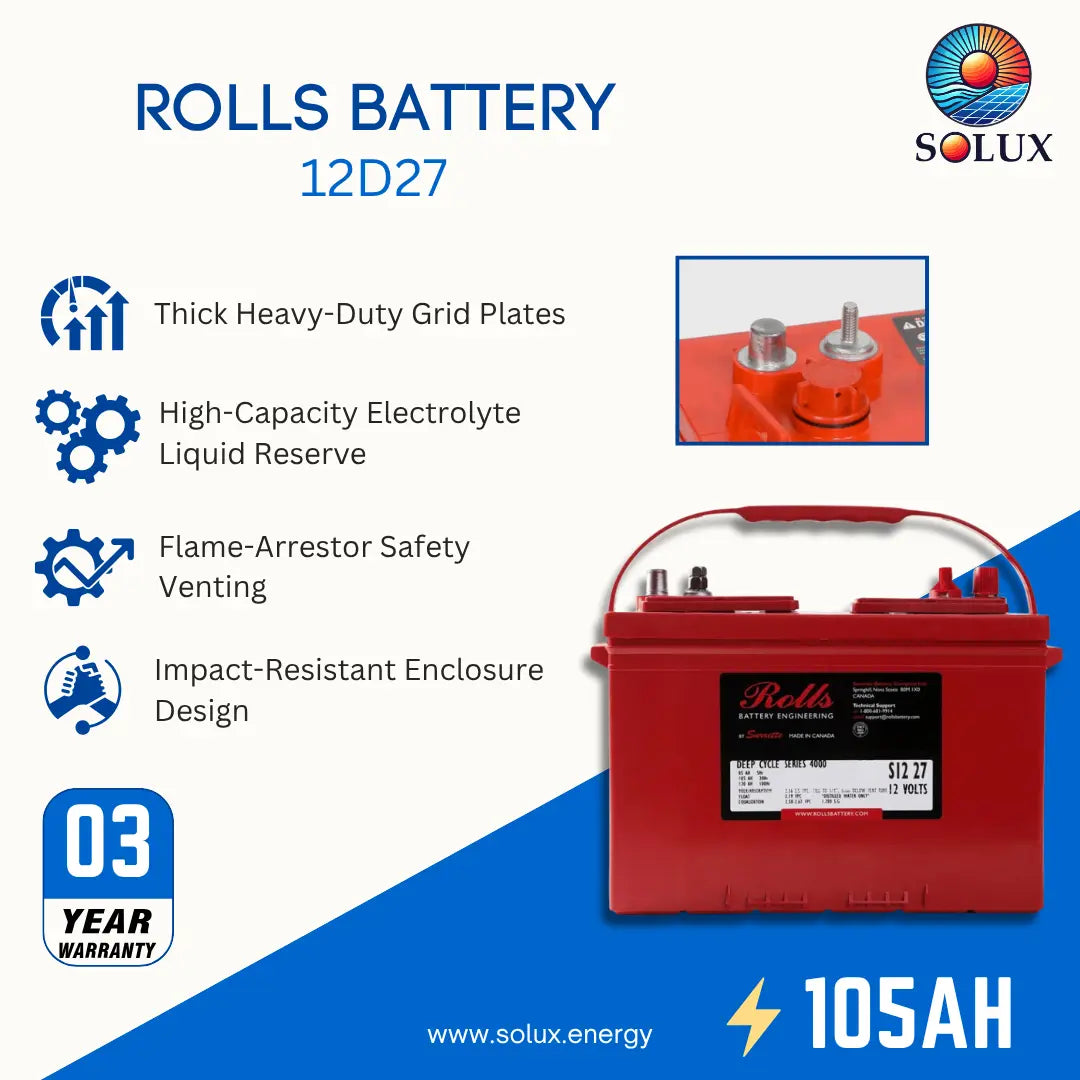Image graphic of rolls battery 12D27 FLA series battery, with features and 3 years warranty 105ah deep cycle battery