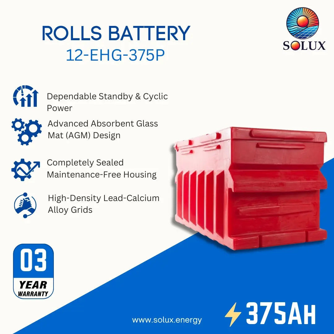 Promotional graphic for a Solux Rolls Battery 12-EHG-375P, showing a red stacked battery unit on a white and blue background with feature callouts and a 3-year warranty badge.