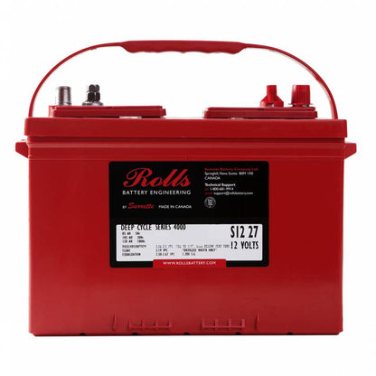 Red battery with 'Rolls Battery Engineering' label on a white background