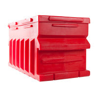 A red deep cycle battery with a plastic outer casing and metal terminals.