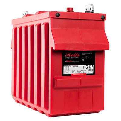 A red lead acid battery with branding and model information on the label.
