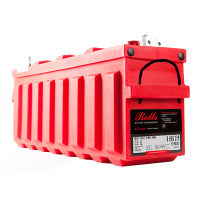  Rolls Surrette 8-HHG-21P 230Ah 8VDC Deep Cycle Battery. A red deep cycle battery with a metal grid design and a label indicating it is a Rolls Surrette product.
