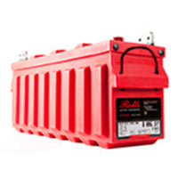 Rolls Surrette 8-HHG-25P 275Ah 8VDC Deep Cycle Battery. A red deep cycle battery with a metal frame and plastic covers, labeled with voltage and capacity specifications.