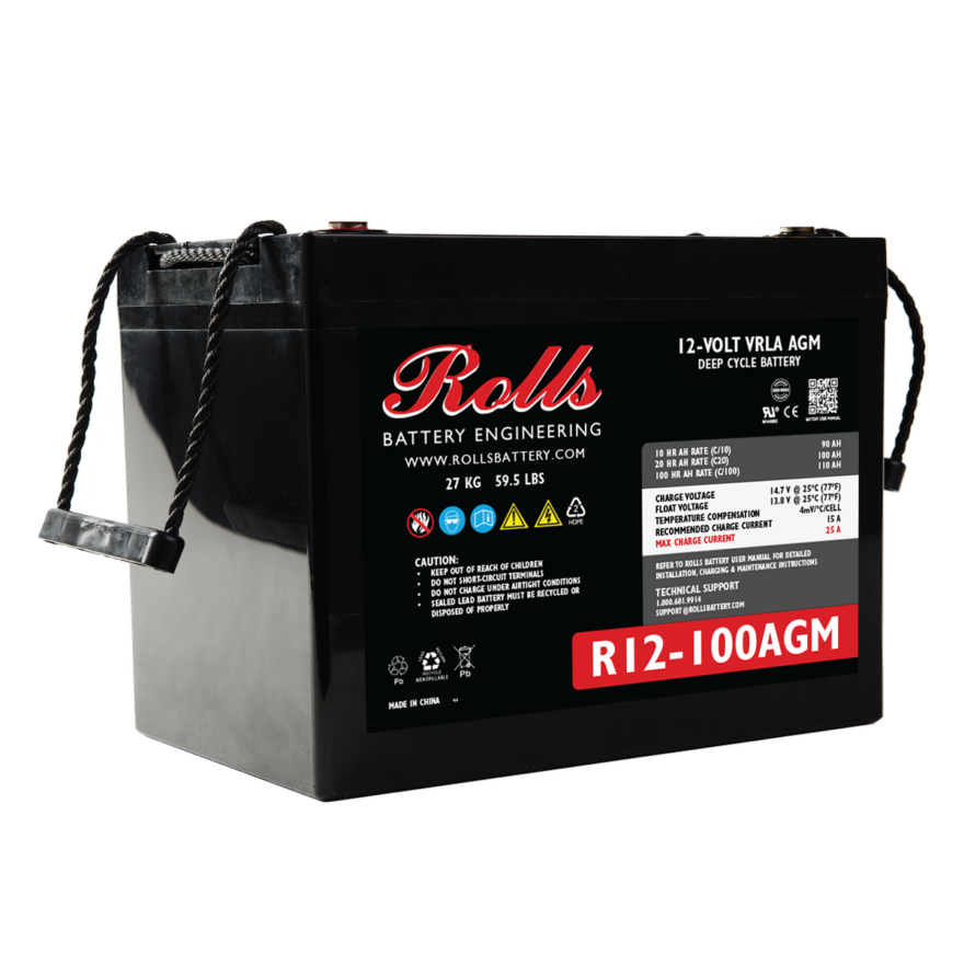 Rolls Surrette R12-100AGM 100Ah 12VDC AGM Deep Cycle Battery. A black AGM deep cycle battery with the brand name Rolls Battery Engineering displayed on the side.