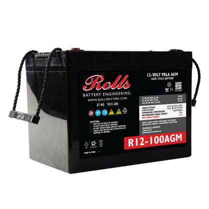 Rolls Surrette R12-100AGM 100Ah 12VDC AGM Deep Cycle Battery. A black AGM deep cycle battery with the brand name Rolls Battery Engineering displayed on the side.