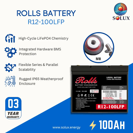 Solux Rolls Battery R12-100LFP promotional graphic showing the battery product, feature callouts, an M8 terminal detail, a 3-year warranty badge, and 100AH text on a blue and white background.