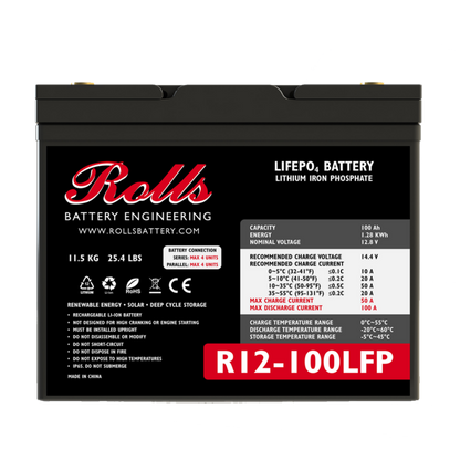 A black battery with the brand name Rolls Battery Engineering displayed on the label, along with specifications and model number R12-100LFP.