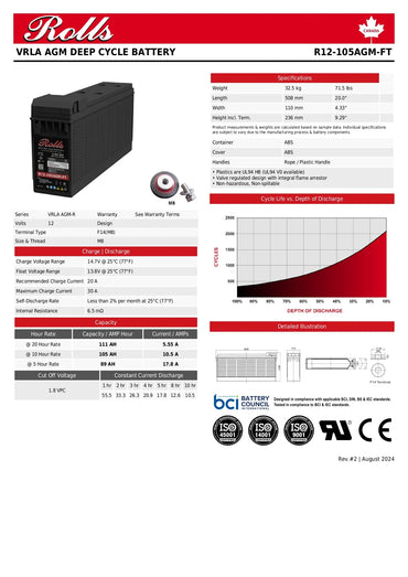 A product information sheet for the Rolls VRLA AGM Deep Cycle Battery, model R12-10SAGM-FT. The sheet features a product photo of the black battery on the left, technical specifications tables on the top right, a depth of discharge graph, and certification logos at the bottom.