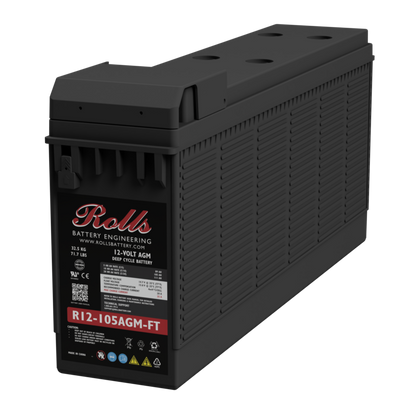 A black Rolls Battery Engineering E2-Watt 15Ah MAP Cycle Battery, model R12-105AGM-FT, shown at a three-quarter angle on a white background.