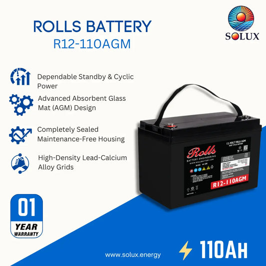 A Rolls R12-110AGM battery by Solux, shown on a white and blue promotional background with feature icons and text highlighting its 10-year warranty, AGM design, and 110Ah capacity.