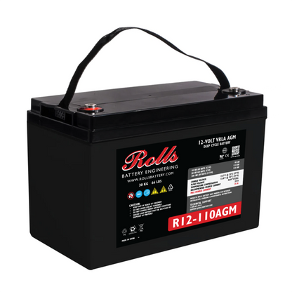 Rolls Surrette R12-110AGM 110Ah 12VDC AGM Deep Cycle Battery. A black AGM deep cycle battery with a label showing the brand Rolls and the model number R12-110AGM.