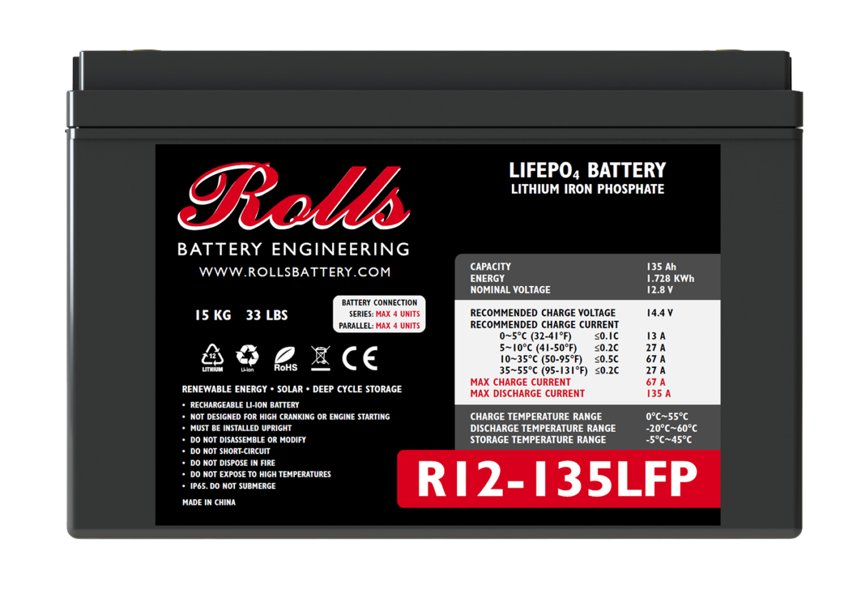 A black lithium battery with the brand name Rolls Battery Engineering, model number R12-135LFP, and specifications printed on the label.
