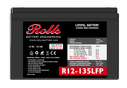 A black lithium battery with the brand name Rolls Battery Engineering, model number R12-135LFP, and specifications printed on the label.