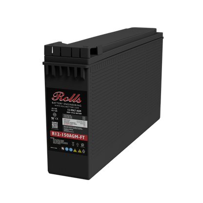 A black Roll battery with a front label showing the brand 'Rolls' and model 'R12-150AGM-FT', photographed on a solid white background.