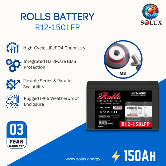 Solux Rolls Battery R12-150LFP promotional graphic on a white and blue background, showing the battery, product features, an M8 terminal detail, a 3-year warranty badge, and 150Ah text.