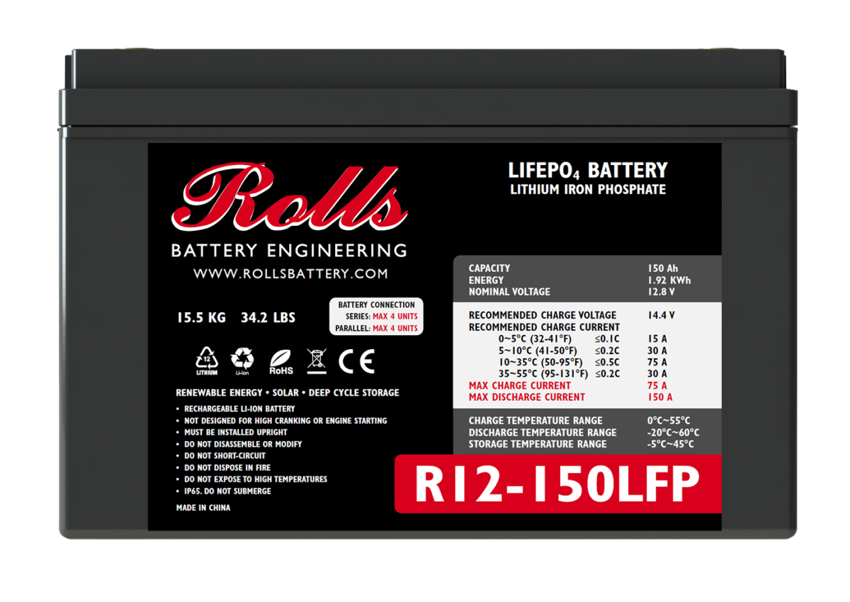 A black Rolls Surrette lithium battery with product details and branding visible on the label.