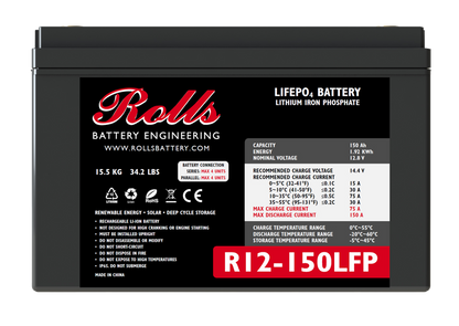 A black Rolls Surrette lithium battery with product details and branding visible on the label.