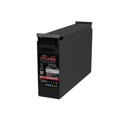 A black Rolls Battery Engineering UPS maintenance-free lead acid battery, model R12-185AGM-FT, shown at a three-quarter angle on a white background.