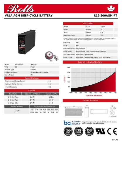 Technical datasheet for the Rolls VRLA AGM Deep Cycle Battery, model R12-200AGM-FT. The sheet features a black battery product photo, technical specifications tables, a depth of charge graph, a depth of snowflake diagram, and certification logos including UL and CE.