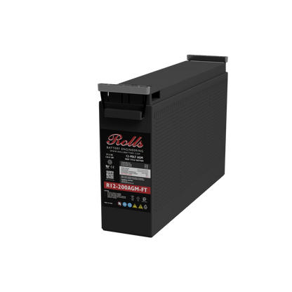 A black industrial battery with a front label reading Rolls Battery Engineering and model R12-200AGM-FT, shown at a three-quarter angle on a white background.