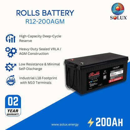 A Solux Rolls R12-200AGM battery shown on a promotional graphic with feature callouts and a 2-year warranty badge.