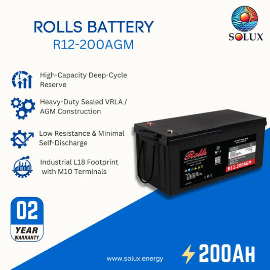 A Solux Rolls R12-200AGM battery shown on a promotional graphic with feature callouts and a 2-year warranty badge.