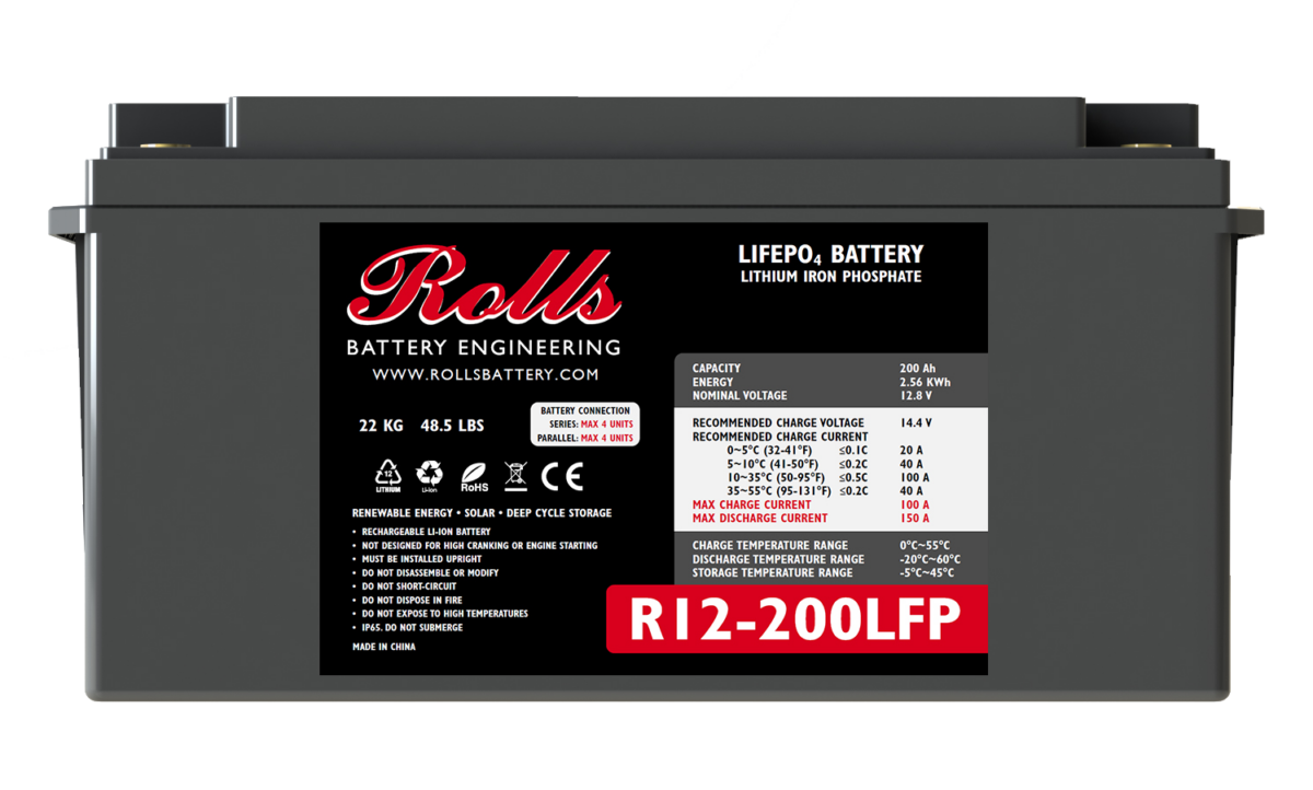 A black industrial battery with the label 'Rolls Battery Engineering' and the model number 'R12-200LFP' displayed prominently in white text.
