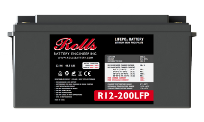 A black industrial battery with the label 'Rolls Battery Engineering' and the model number 'R12-200LFP' displayed prominently in white text.