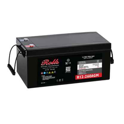 Rolls Surrette R12-260AGM 260Ah 12VDC AGM Deep Cycle Battery. A black AGM deep cycle battery with the label Rolls Surrette R12-260AGM on it.