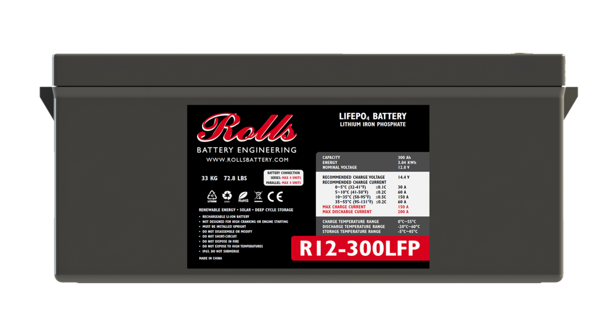 A black Rolls Surrette lithium battery with model number R12-300LFP displayed on the label.