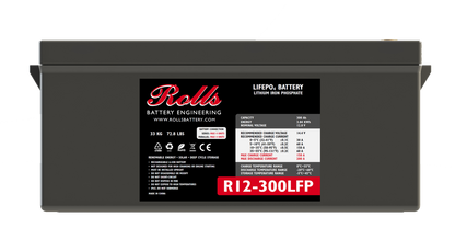 A black Rolls Surrette lithium battery with model number R12-300LFP displayed on the label.