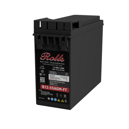 A black Roll battery with a front label showing the brand 'Rolls Battery Engineering' and model 'R12-55AGM-FT', photographed on a solid white background.
