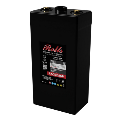 A black Rolls battery with a front label showing specifications, photographed on a plain white background.