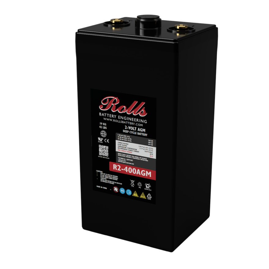 A black Rolls Battery Engineering R2-400AGM 2V 12V AGM battery with a black label, photographed on a clean white background.