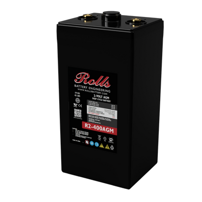 A black Rolls Battery Engineering R2-400AGM 2V 12V AGM battery with a black label, photographed on a clean white background.