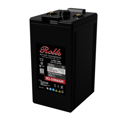 A Rolls Battery Engineering R2-500AGM deep cycle battery, 20V 50AH, shown at a three-quarter angle on a solid white background.
