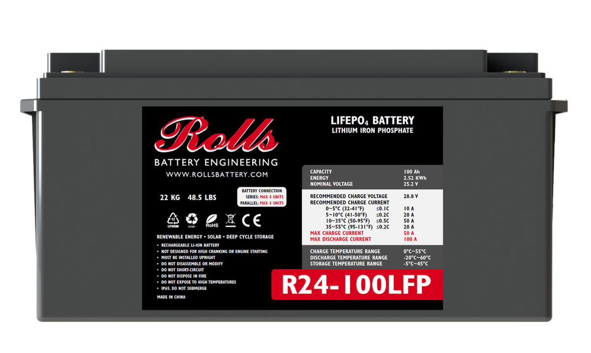 A black batteryPack with the label Rolls Surrette R24-100LFP 24VDC 100Ah Lithium Battery on it. It appears to be a cylindrical shape with a white end cap and black body.