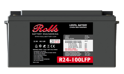 A black batteryPack with the label Rolls Surrette R24-100LFP 24VDC 100Ah Lithium Battery on it. It appears to be a cylindrical shape with a white end cap and black body.