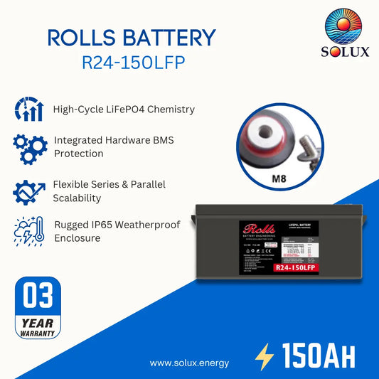 Solux Rolls Battery R24-150LFP product graphic on a white and blue background, showing the battery, feature icons, an M8 terminal inset, a 3-year warranty badge, and 150AH text.