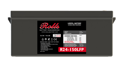 A black Rolls Surrette lithium battery with model number R24-150LFP displayed on the label.