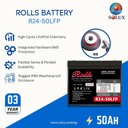 Promotional graphic for a Rolls R24-50LFP lithium battery by Solux Energy. The image features a black battery on the right, accompanied by text highlighting its high-cycle LiFePO4 chemistry, integrated BMS protection, flexible scalability, and rugged IP65 weatherproof enclosure.