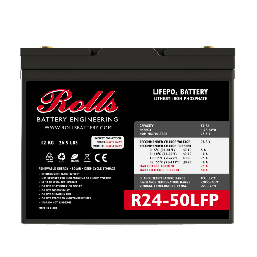 R24-50LFP R- series 50ah, a black battery from Rolls Surrette