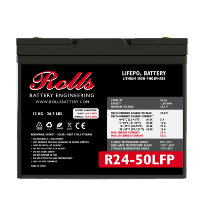 R24-50LFP R- series 50ah, a black battery from Rolls Surrette