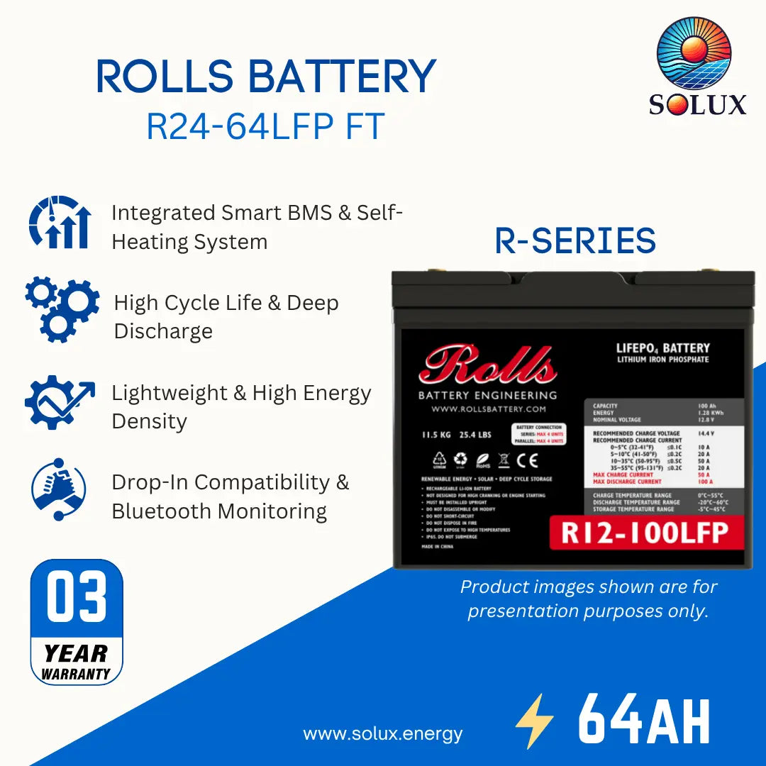 A promotional product graphic for a Rolls Battery R12-100LFP from Solux Energy. The image features a black battery on the right, surrounded by marketing text and icons on a white and blue background.