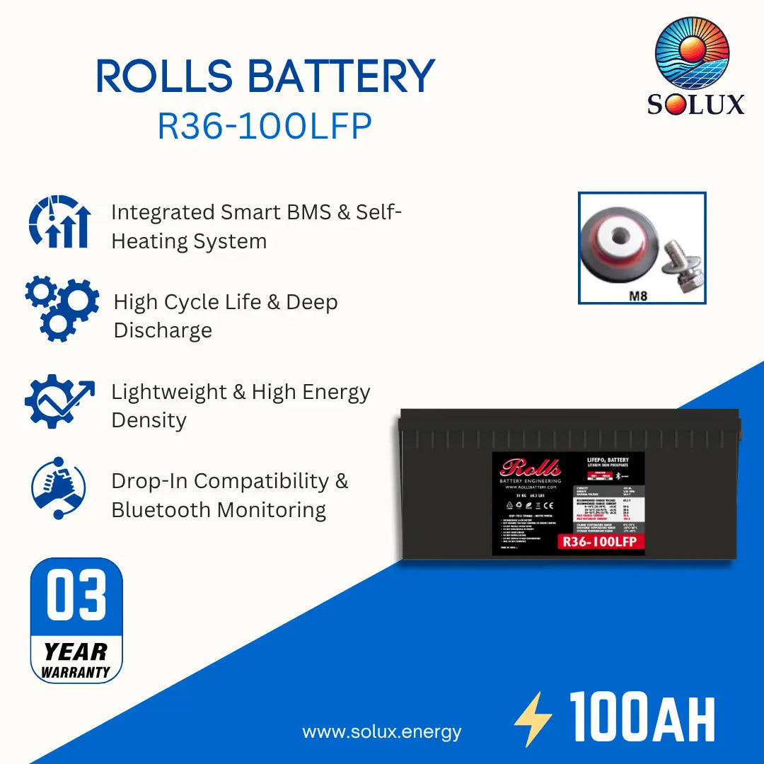 A promotional product graphic for a Rolls R36-100LFP battery. The black rectangular battery is shown on the right, with feature callouts on the left including integrated smart BMS and self-heating system, high cycle life and deep discharge, lightweight and high energy density, and drop-in compatibility with Bluetooth monitoring.